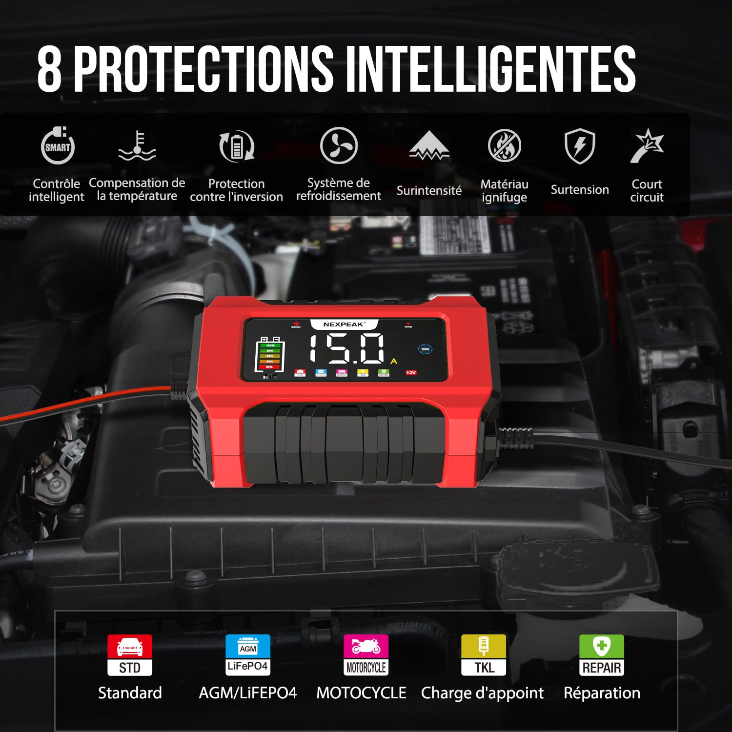 15A Chargeur de Batterie de Voiture, 12V 15A/24V 8A Chargeur de Batterie Intelligent Entièrement Automatique avec Compensation de Température pour Les Batteries Plomb-Acide et LifePO4