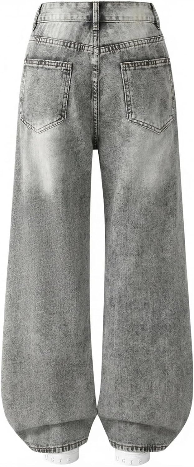 Girls Jeans Teen Wide Leg Baggy Denim Pants Kids Cute Y2K Streetwear Clothing with Adjustable Waisted