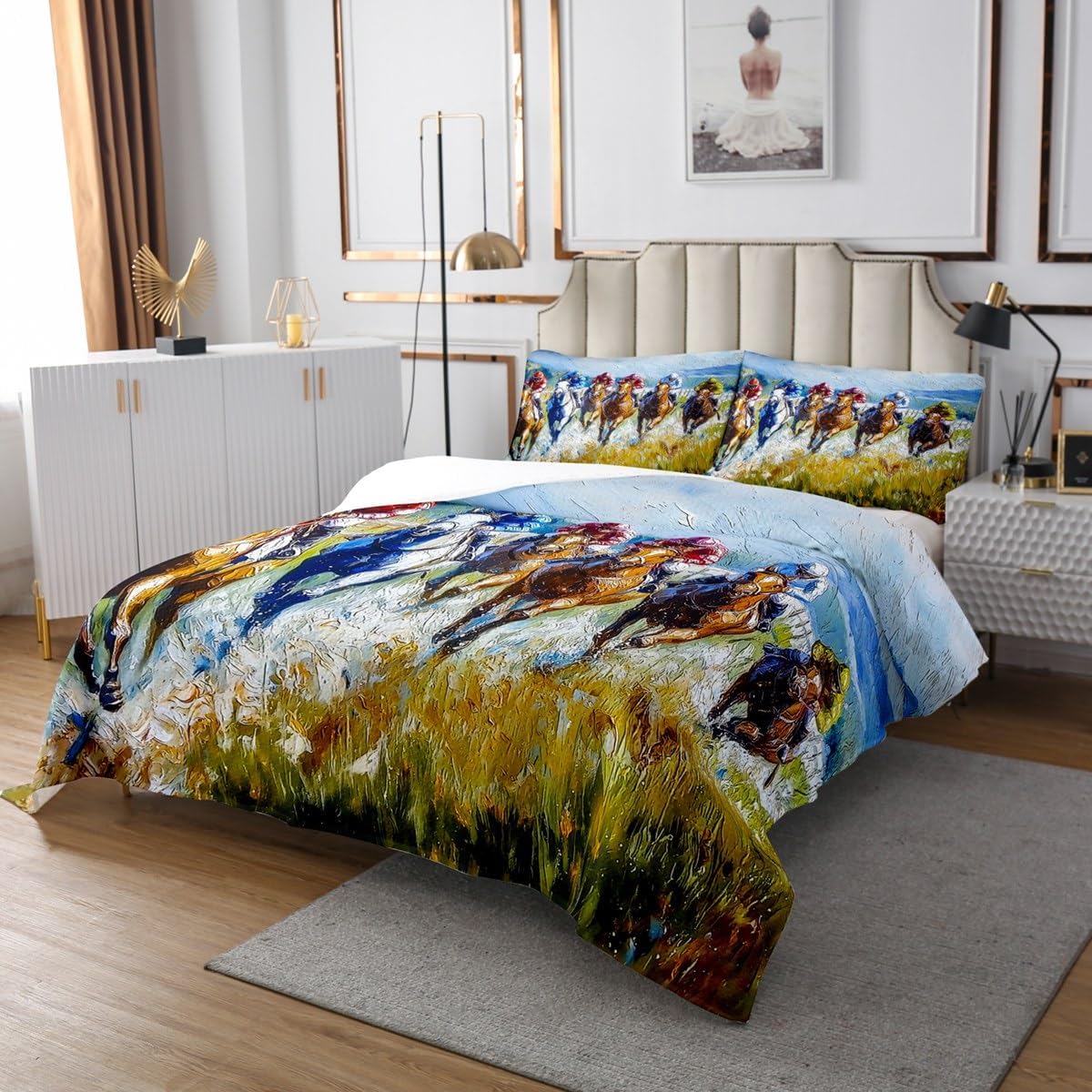Erosebridal Horse Racing Queen Bedspread Set for Boys Men Galloping Horse Bedding Set for Kids Teens Derby Equestrian Sport Bed Set Rustic Farmhouse Wild Animals Coverlet Set Room Decor,3 Piece