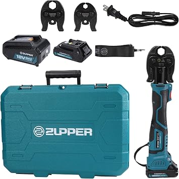 ZUPPER Press Tool, 18V Electric Copper Pipe Crimping Tool with 3 Press Jaws 1/2 3/4 1,Brushless Motor,2pcs 2Ah Battery Fast Charger & Carrying Case