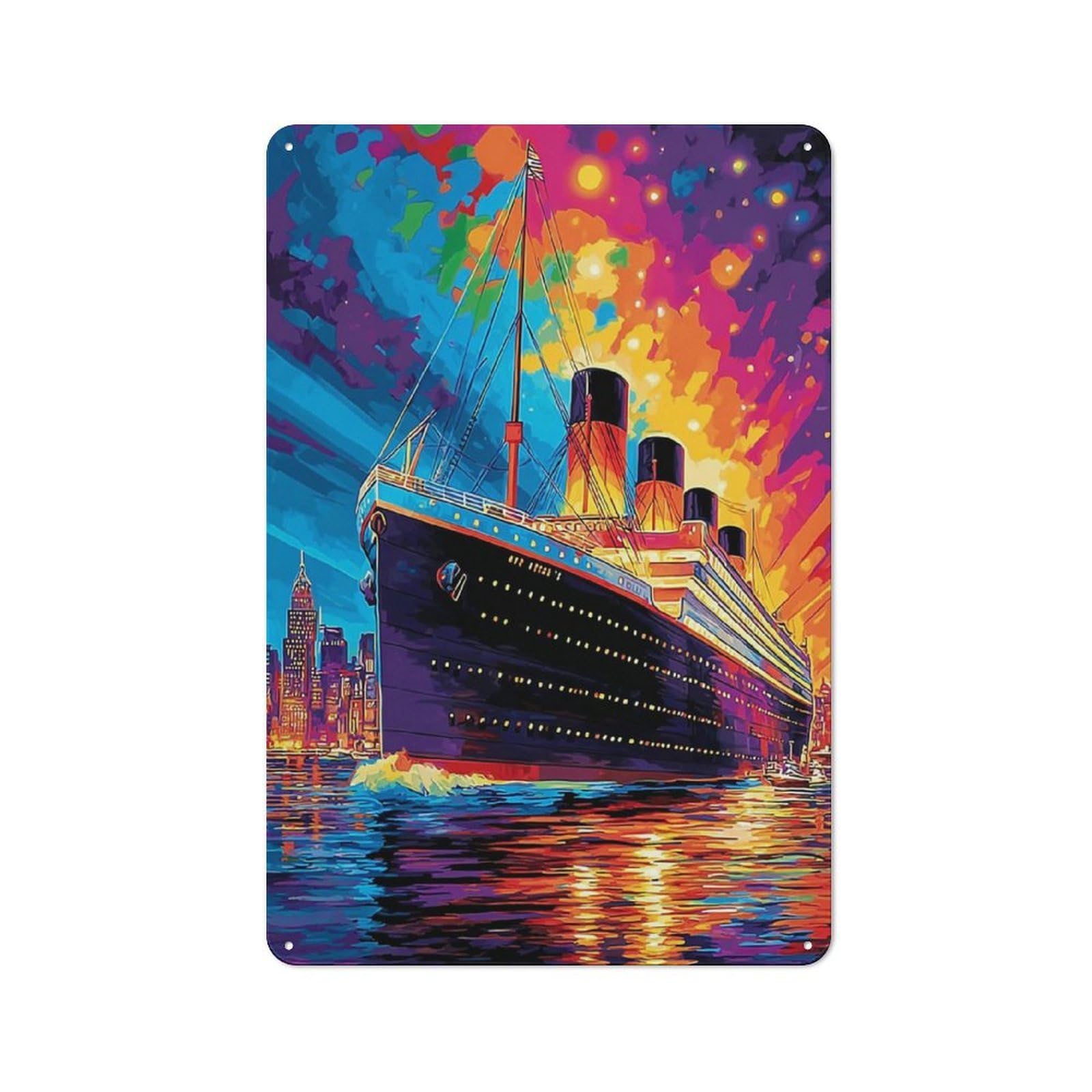 Junmoney Titanic A Colorful Voyage -1 Retro Tin Wall Plaque 30X20cm For Garage Or Workshop, A Metal Wall Feature For Garages And Tool Rooms