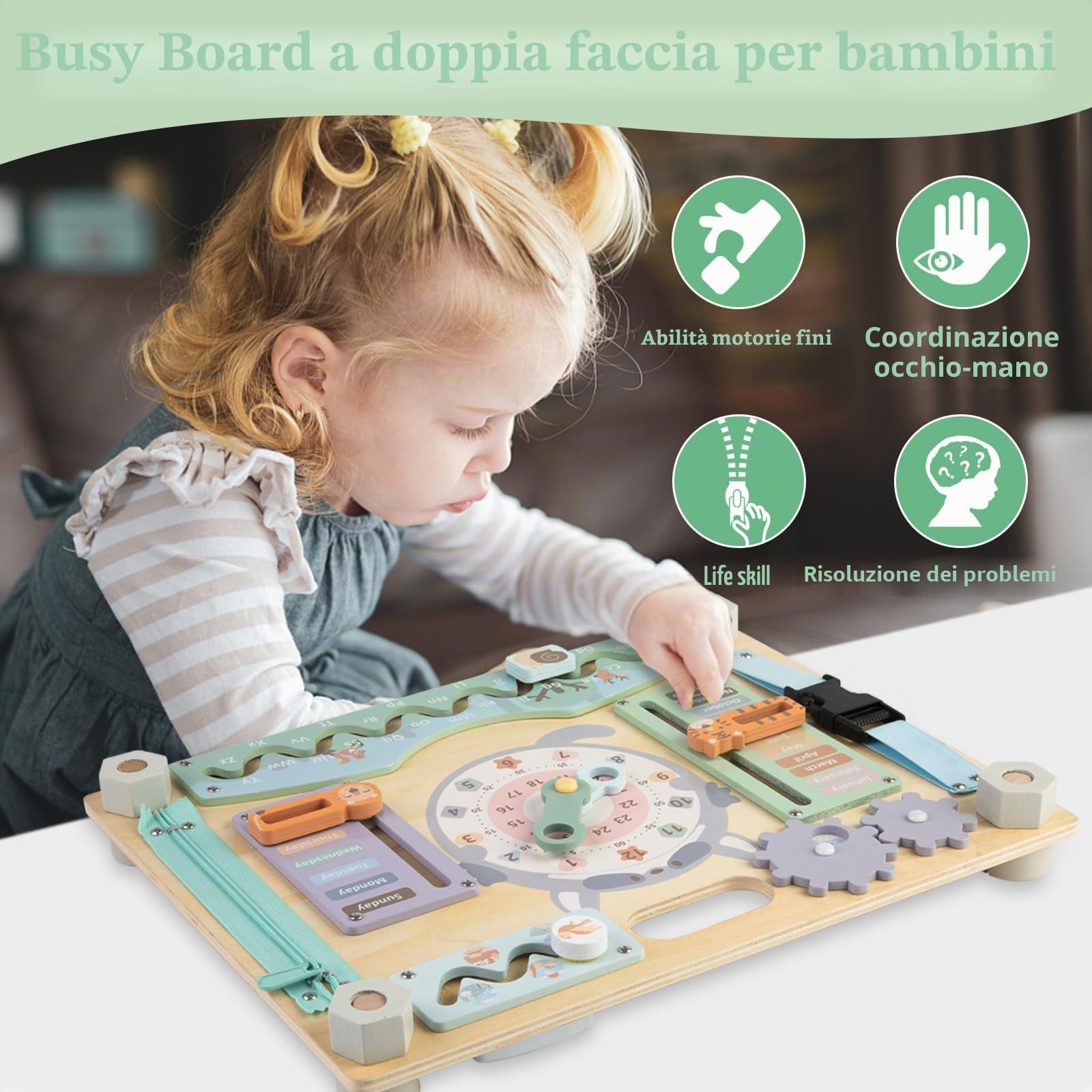 Tavola Montessori in Legno, Busy Board per Bambini 3 4 5 Anni, Pannello Sensoriale Montessoriana Bifacciale con 20 attività, Giochi Educativi, Giocattoli Viaggio, Regalo Bambini Bambina