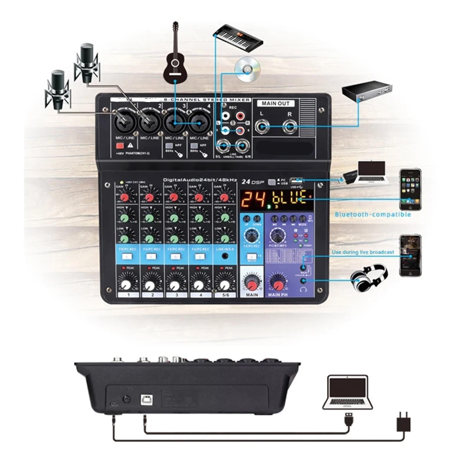 Mixer audio, 2 Pezzi 8 Canali DJ Sound Mixing Table 24 DSP Effect Audio Mixer Bluetooth PC USB Play Recording Controller Console,PC, studio di registrazione e giochi