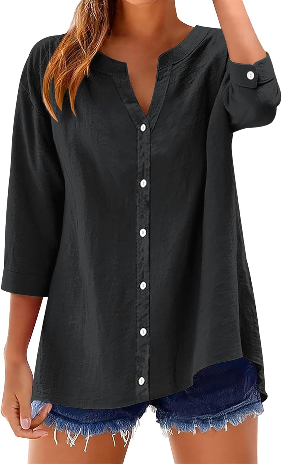 Womens Cotton Button Down Shirts 3/4 Sleeve Casual Loose Fit V Neck Stylish Breathable Summer Spring Blouses Top