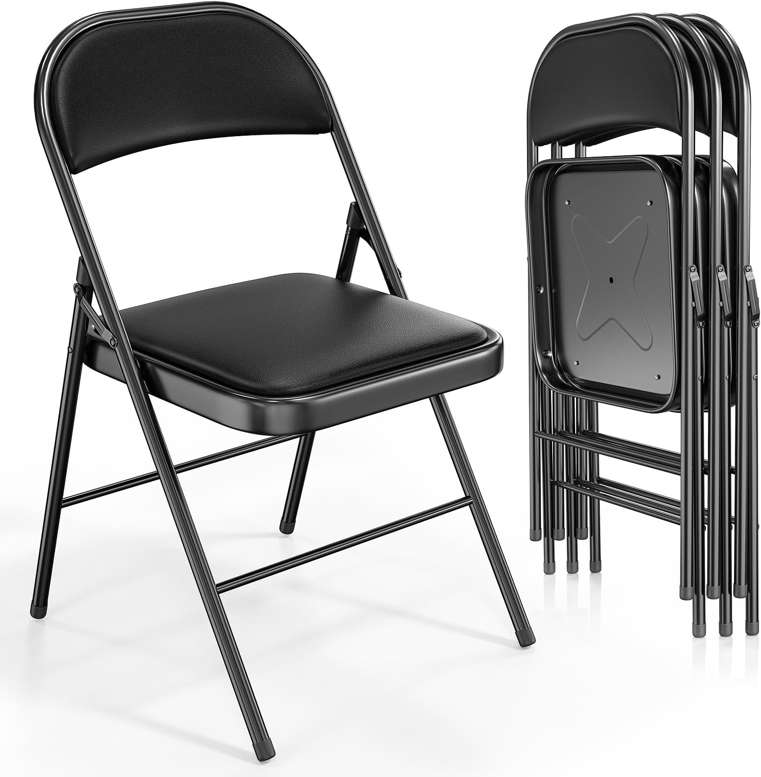 4 Pack Folding Chairs with Padded Seats, Metal Frame with Pu Leather Seat & Back, Capacity 350 lbs, Set of 4, Black
