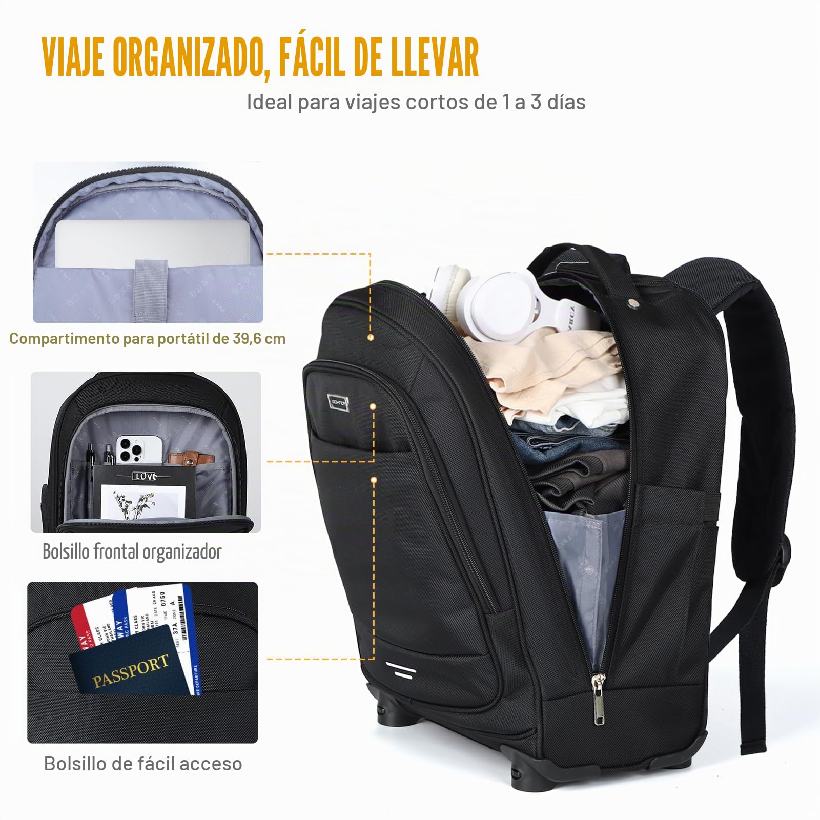 Ponhog Mochila con Ruedas - Mochila para portátil de 17 Pulgadas con 4 Ruedas giratorias Mochila de Viaje para Mujeres Hombres