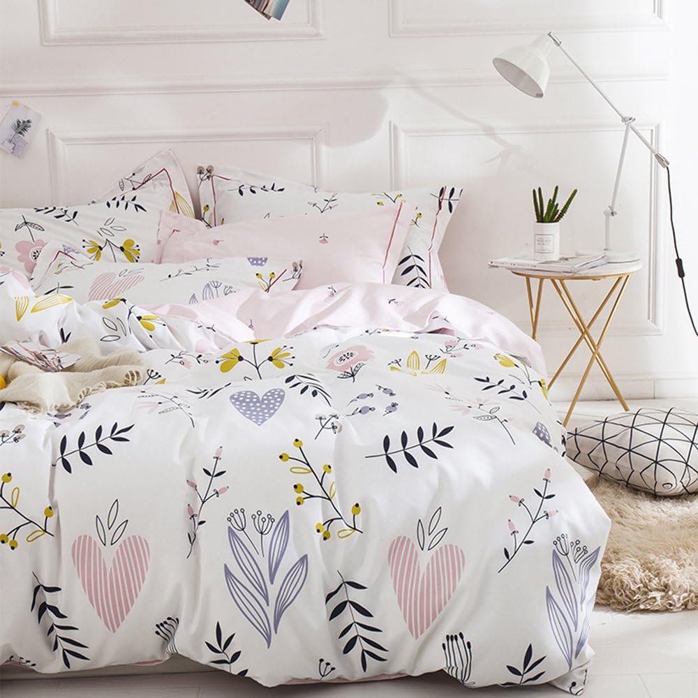 OTOB Twin Duvet Cover Set Cartoon Pink Floral Duvet Cover 100% Washed Cotton Aesthetic Bedding Sets Soft Colorful Comforter Cover Reversible Bedding for Women Kids Girls Teen