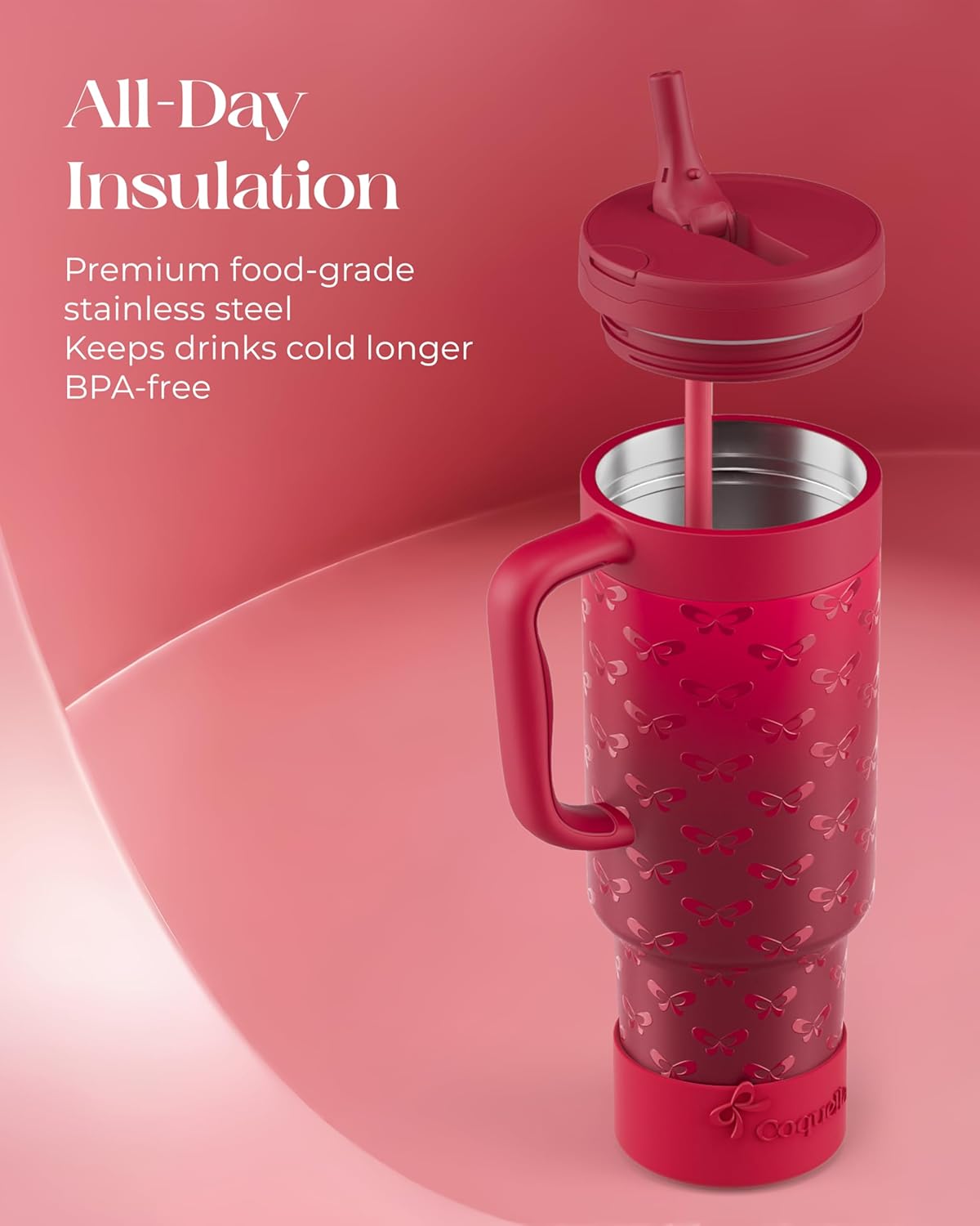 40 oz Insulated Tumbler with Handle and Push-Button Straw Lid, Stainless Steel Travel Cup for Gym Office, Leakproof, BPA-Free, Cup Holder Friendly, Bow Silicone Boot, Red (Coquette Cherry)