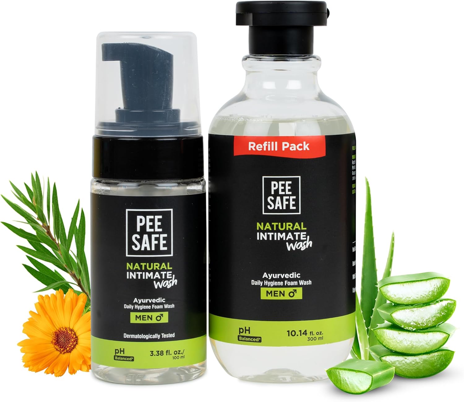 Pee Safe Natural Intimate Wash for Men with Refill | 13.52 Fl.Oz | Jabon Intimo Hombre | with Tea Tree Essential Oil | Ayurvedic | pH Balanced Foam based | Ball Wash for Men