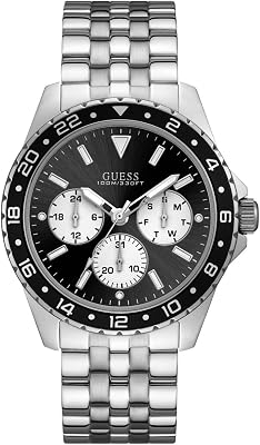 Montre Guess Pour Homme Acier Inoxydable Noir, Cadran Argent, Bracelet Cuir - Neuve Avec étiquettes