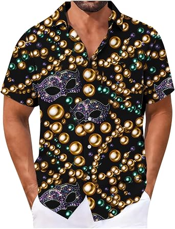 Funny Hawaiian Shirts for Men Mardi Gras Retro Button up Shirt Summer Holiday Theme Party Aloha Top Vacation Clothe