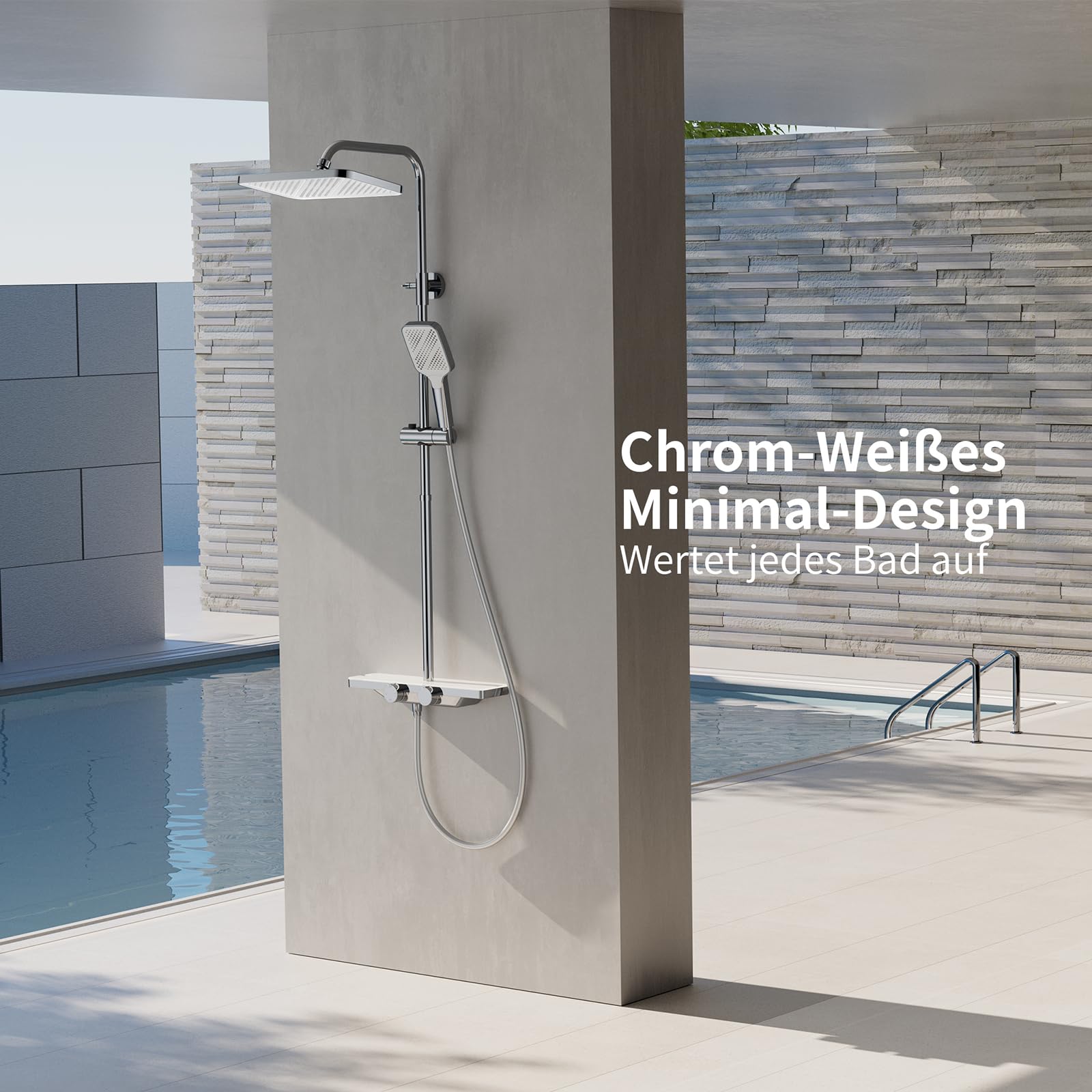 HOMELODY Duschsystem mit Thermostat und Glasablage Chrom - Duscharmatur Komplettset mit 30cm, Handbrause 3 Strahlarten und Unterer Auslauf - Duschset Regendusche mit Armatur