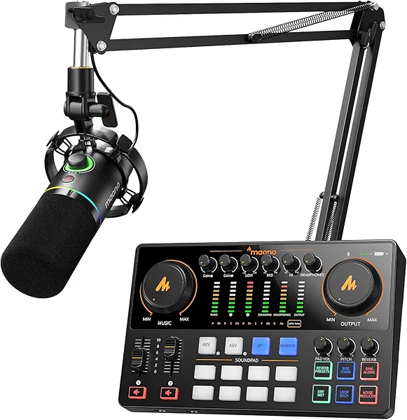 MAONO Podcast Equipment Bundle: Audio Interface and USB/XLR Dynamic Mic with Dual XLR Input, Quick to Mute, Noise Reduction, 8 Customize soundpads for Podcast Recording, Streaming, YouTube