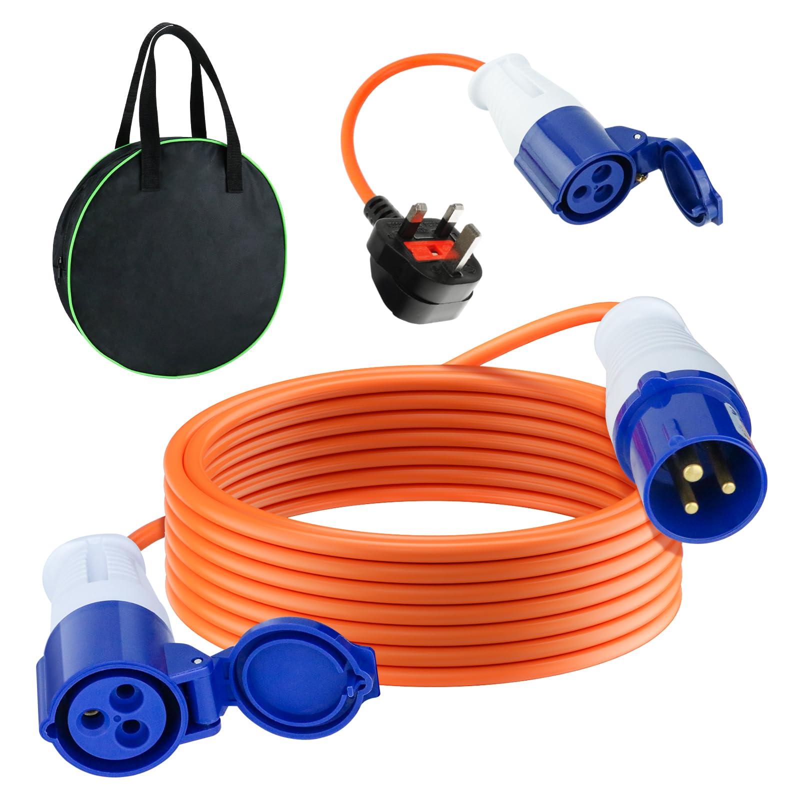 10m Caravan Hook Up Cable - 240V 16A Camping Extension Lead with 3 Pin Fly Lead Converter and Carrying Bag, Power Cord Electric Extension Cable for Motorhomes Campervans