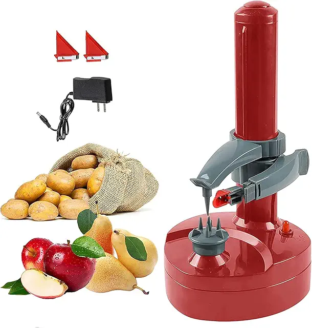 Éplucheur Électrique Automatique pour Fruits et Légumes Ronds avec 2 Lames - Rouge
