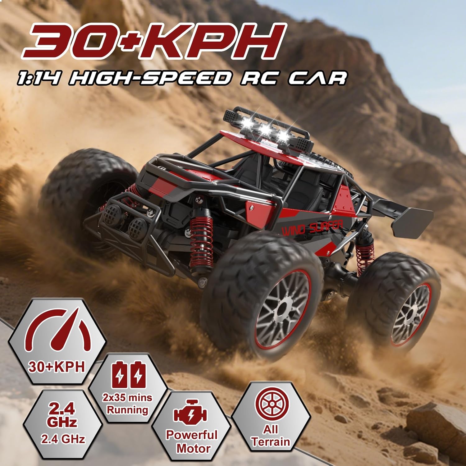 Scientoy 1:14 Remote Control Car, 30+KM/H High Speed All Terrain RC Cars for Boys Age 8-12, 2.4 GHz Off-Road RC Truck, Ideal Gifts for Adults Kids with 2 Rechargeable Batteries