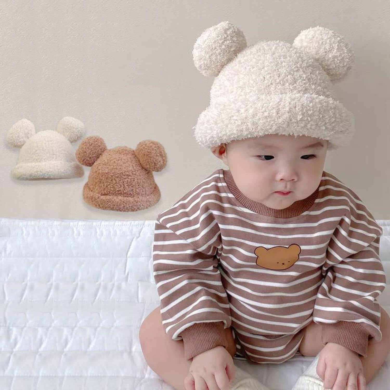Pom Wooly Cap,Beanie Ear Flaps Hat,Baby Woolen hat, Autumn and Winter Baby Woolen hat,Red,44-50CM