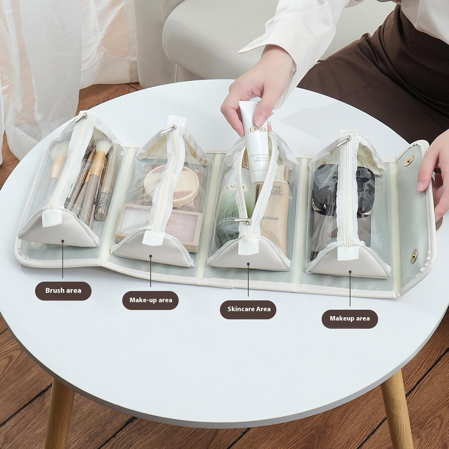 Large Capacity Makeup Bag Organizer - Premium PU Leather Cosmetic Case with 4 Removable Dividers & Dual Handles | Waterproof Lay-Flat Design Travel Toiletry Bag for Women (BLACK) - Image 6