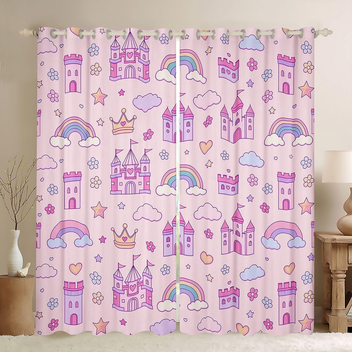 Feelyou Cute Kids Crown Blackout Curtains Pink Princess Girls Darkening Drapes for Bedroom Living Room Decor Lace Pattern Thermal Insulated Shades Window Treatments, 2 Panels 38 x 54 Inch