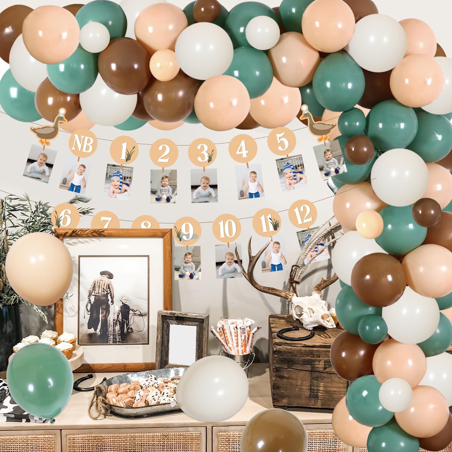 One Lucky Duck Birthday Decorations Mallard Duck 1st Birthday Party Decor One Lucky Duck Banner Monthly Photo Banner Brown Balloon Garland Arch for Boys Girls First Bday Party Supplies