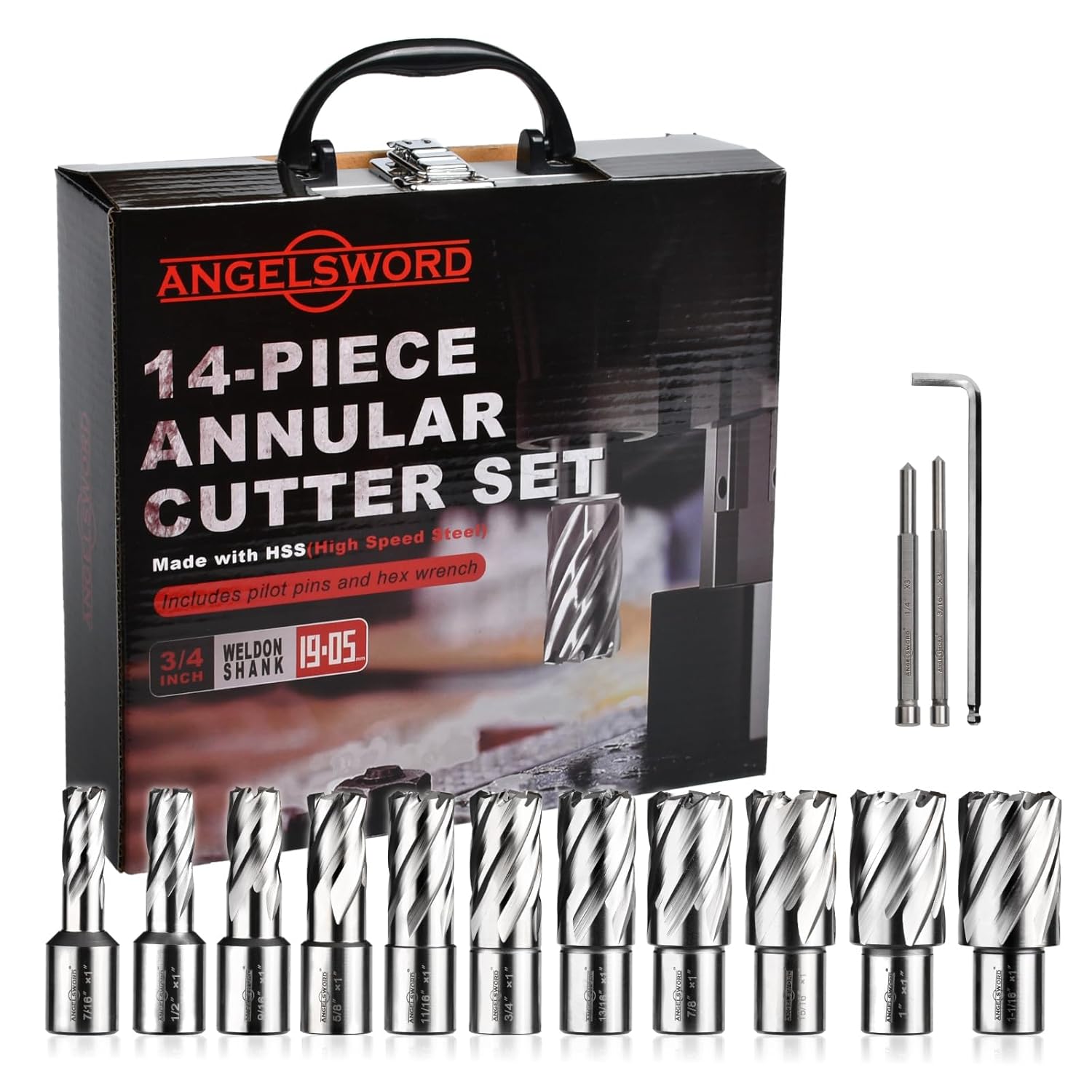 ANGELSWORD HSS Annular Cutter Set 14 Pcs, High Speed Steel, Cutting Depth 1" Cutting Diameter 7/16" to 1-1/16", Mag Drill Bits Kit for Magnetic Drill Press, with Aluminum Storage Case