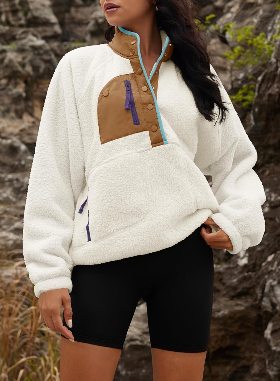 Yanekop Womens Fuzzy Fleece Pullover Sherpa Sweatshirt Long Sleeve Button Down Sweater Winter Fleece Jacket with Pockets - Image 3