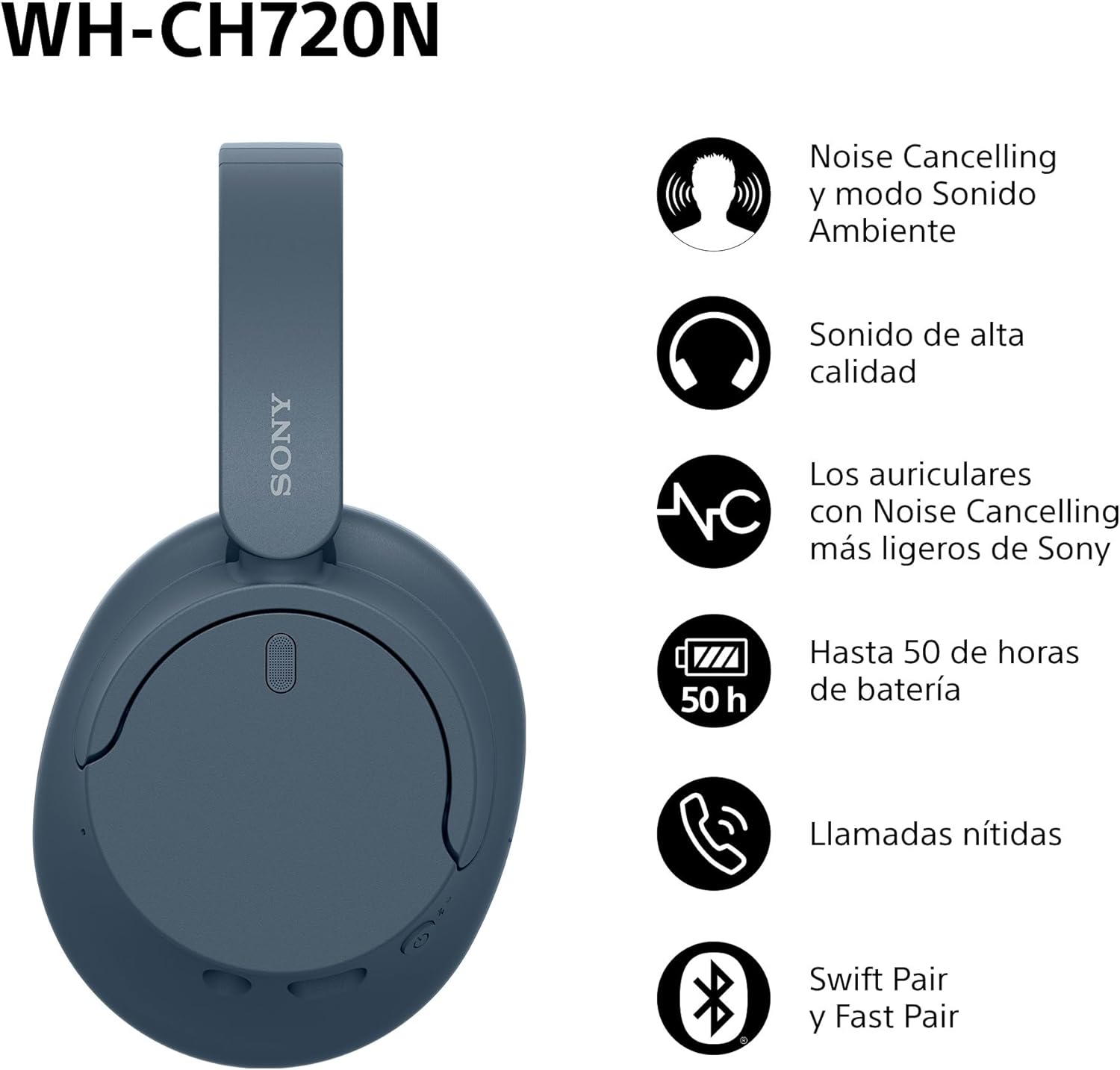 Sony WH-CH720N Auriculares Inalámbricos Bluetooth Noise Cancelling de Diadema, Sonido de, modo Sonido Ambiente, Diseño Ligero, hasta 50 horas de batería, iOS y Android – Azul 3