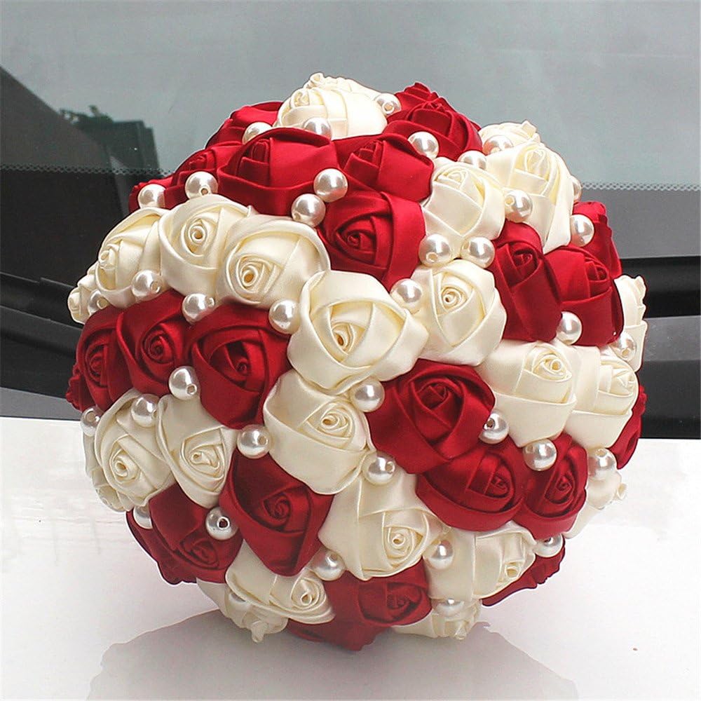 Advanced Customization Romantic Bride Wedding Holding Bouquet Pearl Roses Ivory,Royal Blue Multi-Color Selection 18CM (Red+Ivory)