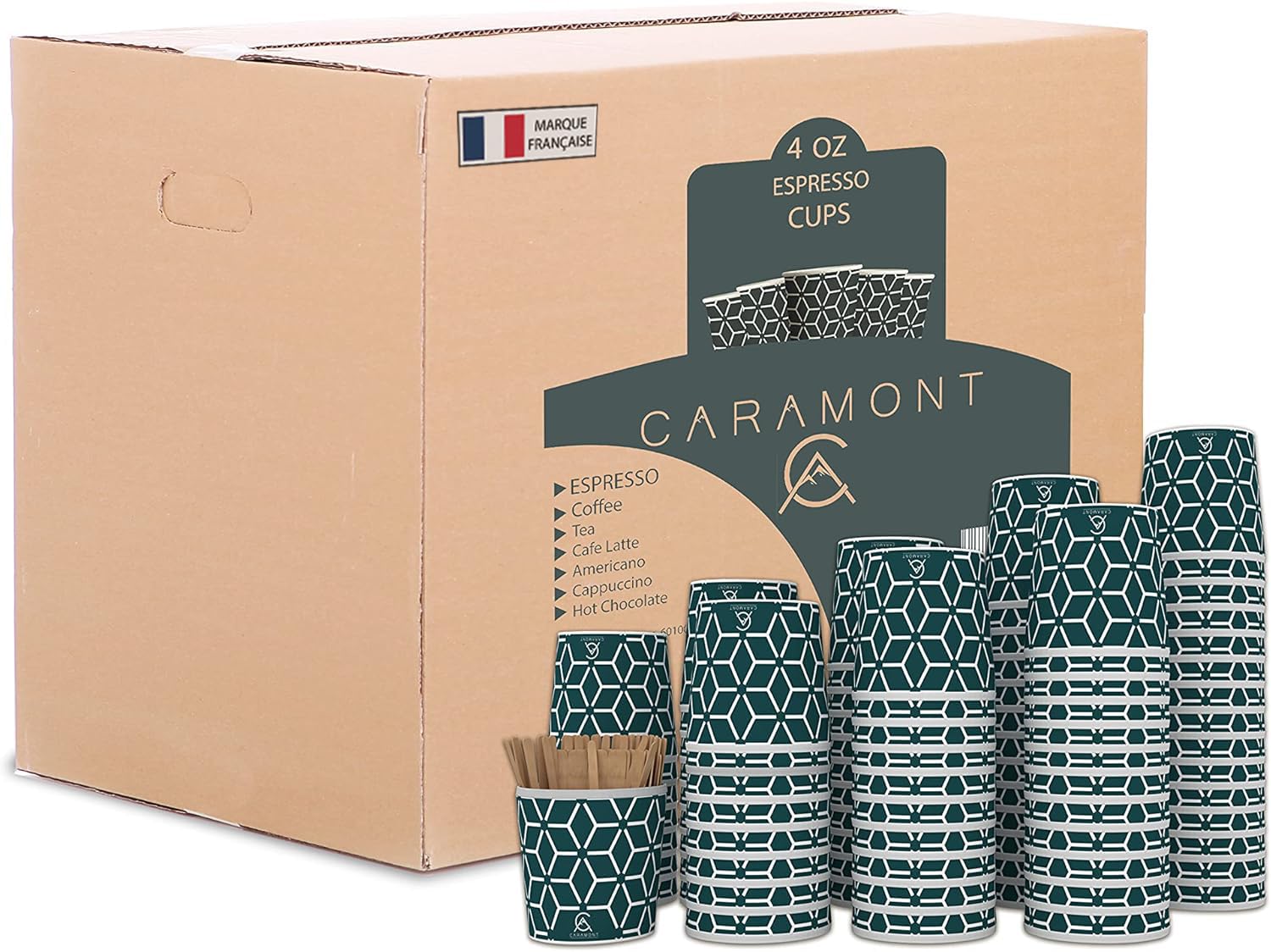 Caramont,4 Oz 1000 Espresso Gobelets en Carton avec Agitateurs en Bois,Écologique et Jetables,Résistant à la Chaleur,Carton de Qualité,Idéal pour Toutes Les Boissons Chaudes ; Café,Thé,Chocolat etc.