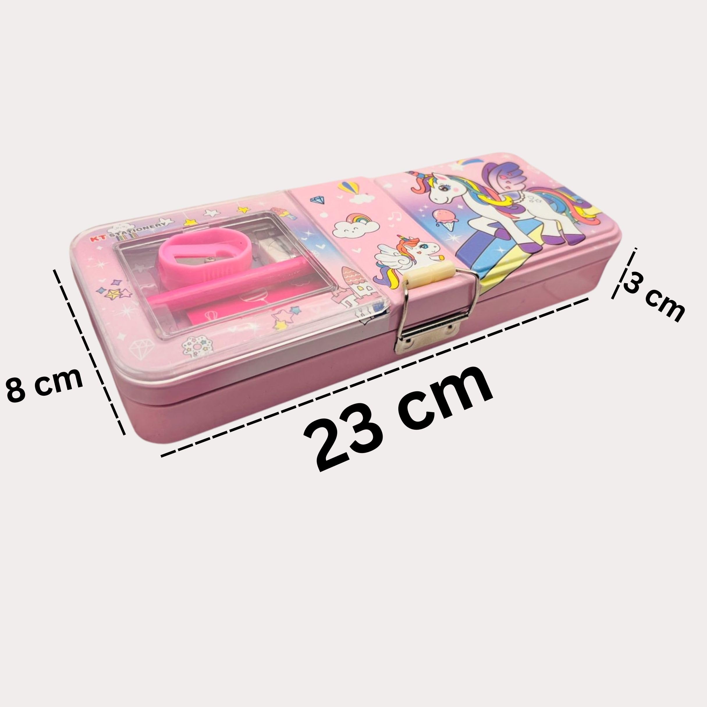 Jo Baby Unicorn Metal Pencil Box Case with Pencil, Eraser, Sharpener Stationery Set – Double Layer Pencil Case Stationary Organizer for Kids - Pink 1