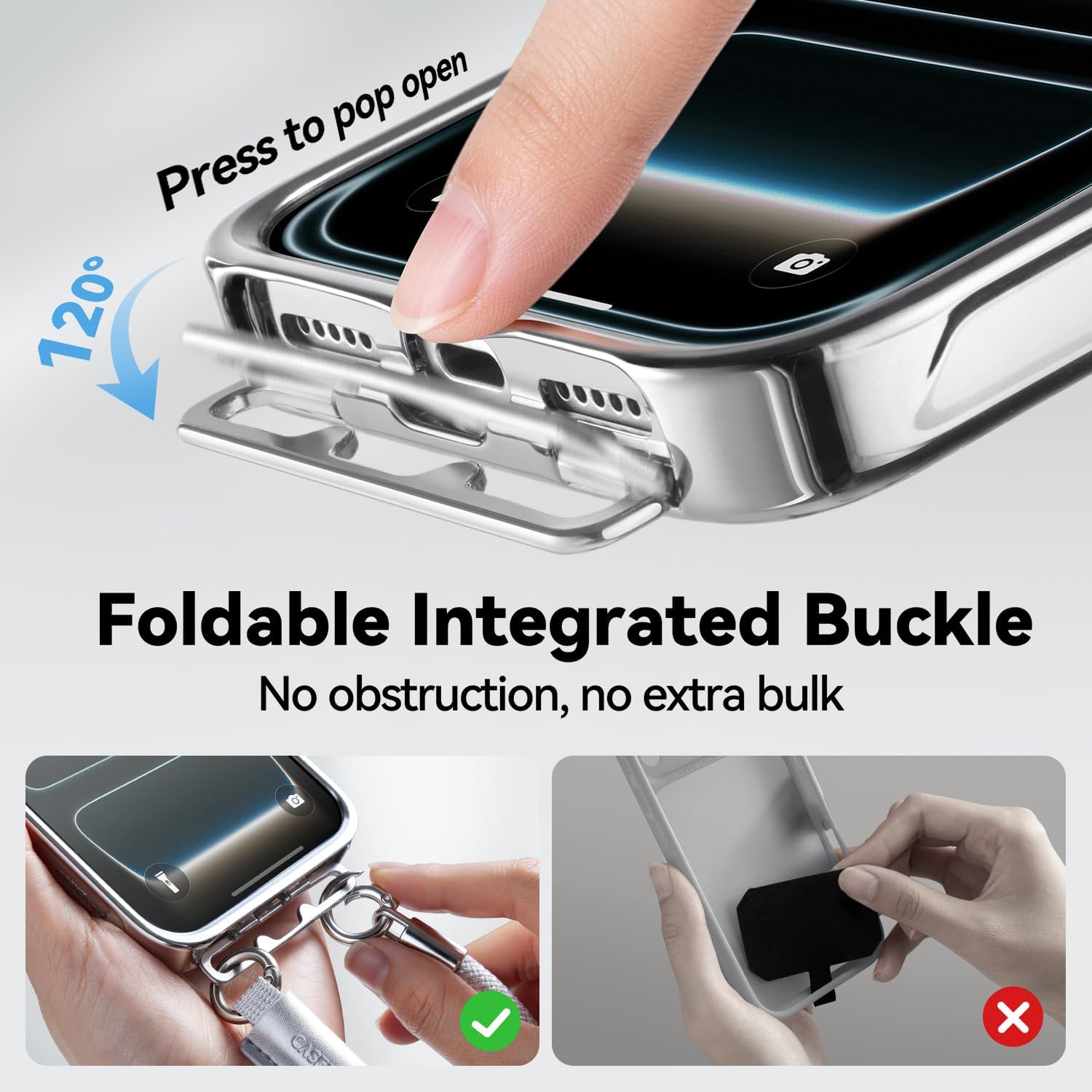 CASEKOO 2026 New Linkoo Glossy Magnetic iPhone 17 Pro Max Case with Strap, Patented ClipSafe: Built-in Foldable Hidden Tab, Anti Theft Lanyard, Aluminum Alloy Lens Protection, Clear Back Case, Silver