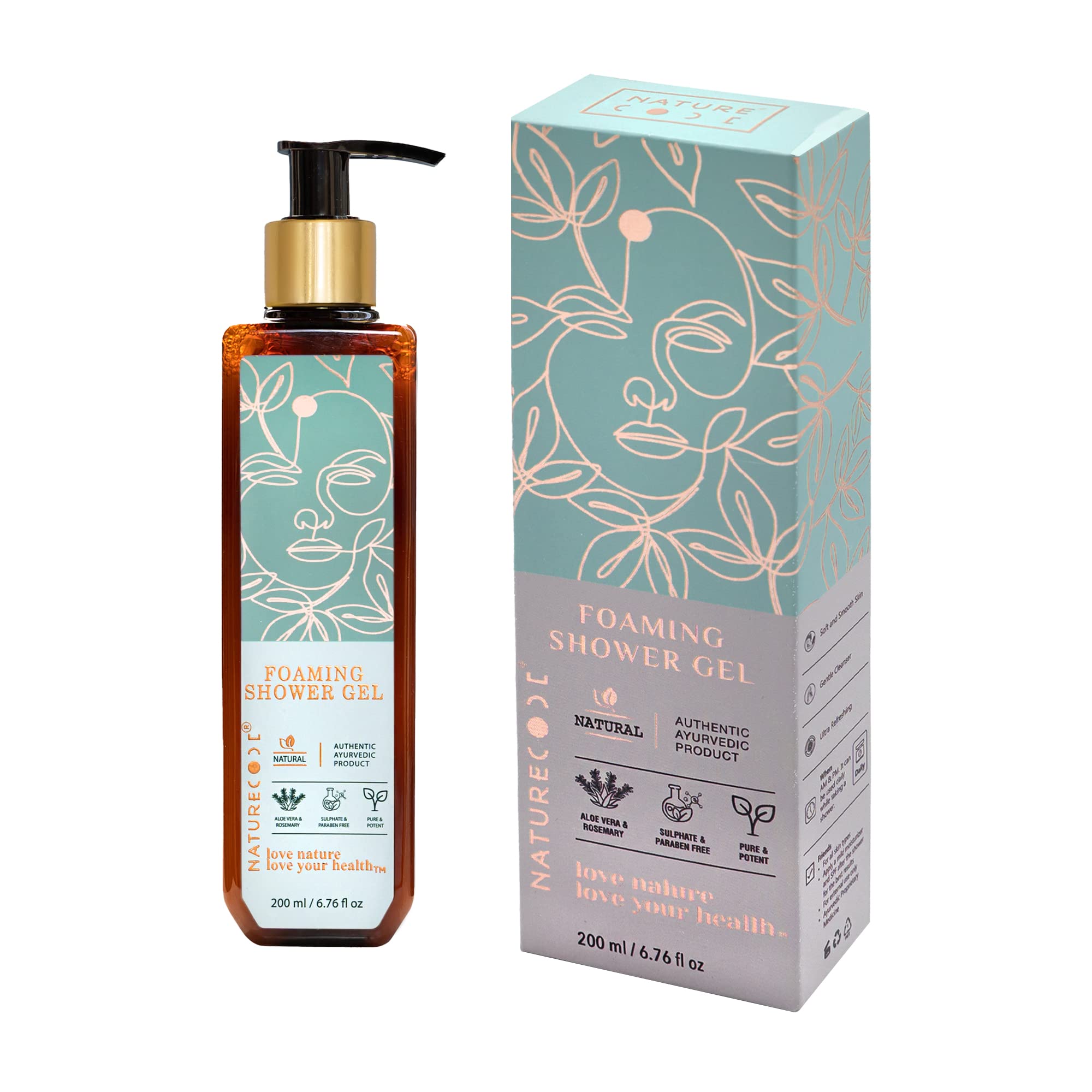 Nature Code Organic Foaming Shower Gel | AYUSH Approved | With Aloe Vera, Rosemary & Wheatgerm Oil | Refreshing Body Wash for Soft & Smooth Skin | Paraben-Free | 200ml