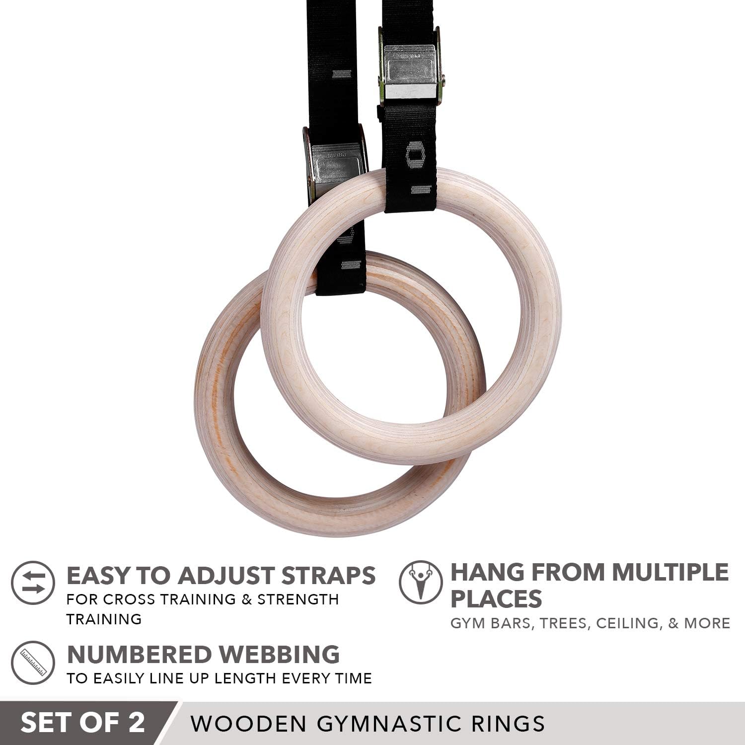 Wooden Gymnastics Rings by Day 1 Fitness with Durable, Adjustable Straps for Strength, Balance - Premium Outdoor Workout Rings to Increase Flexibility for Men and Women - Gymnastics Equipment : Sports & Outdoors