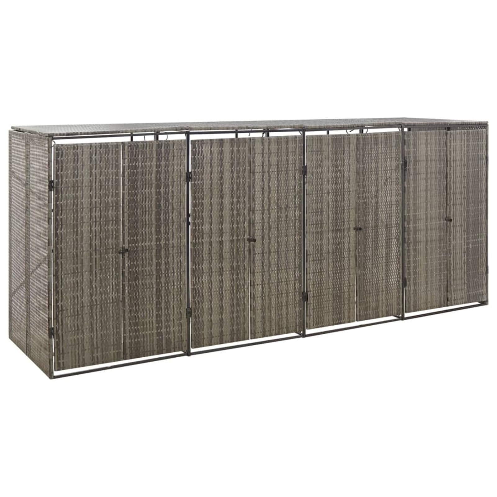Copribidoni Spazzatura Esterno, Bidoni Spazzatura Esterno, Contenitori Rifiuti Esterno, Porta Bidoni Spazzatura Esterno 4 Bidoni, Copribidone Quadruplo, in Polyrattan Grigio 274x80x117 cm