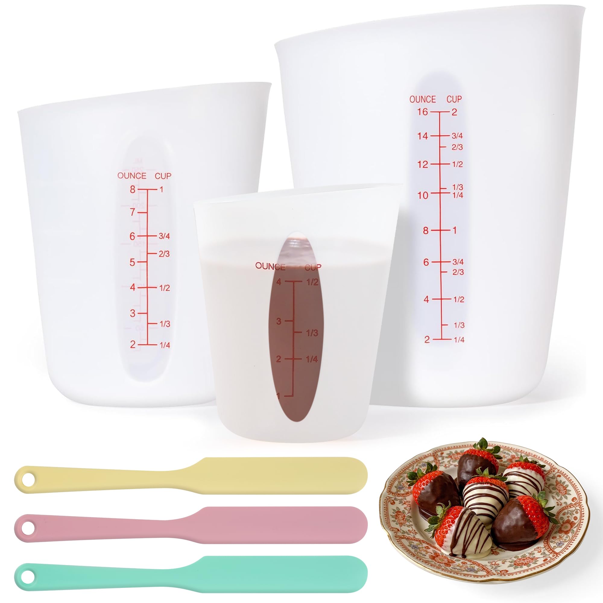 3Pcs Silicone Food-Grade Chocolate Melting Cups with Marking Ounce/Cup, Reusable Silicone Measure Mold for Diy Chocolate, Butter, Baking Supplies Chef Gifts（With 3Pcs Heat-Resistant Jar Spatulas)
