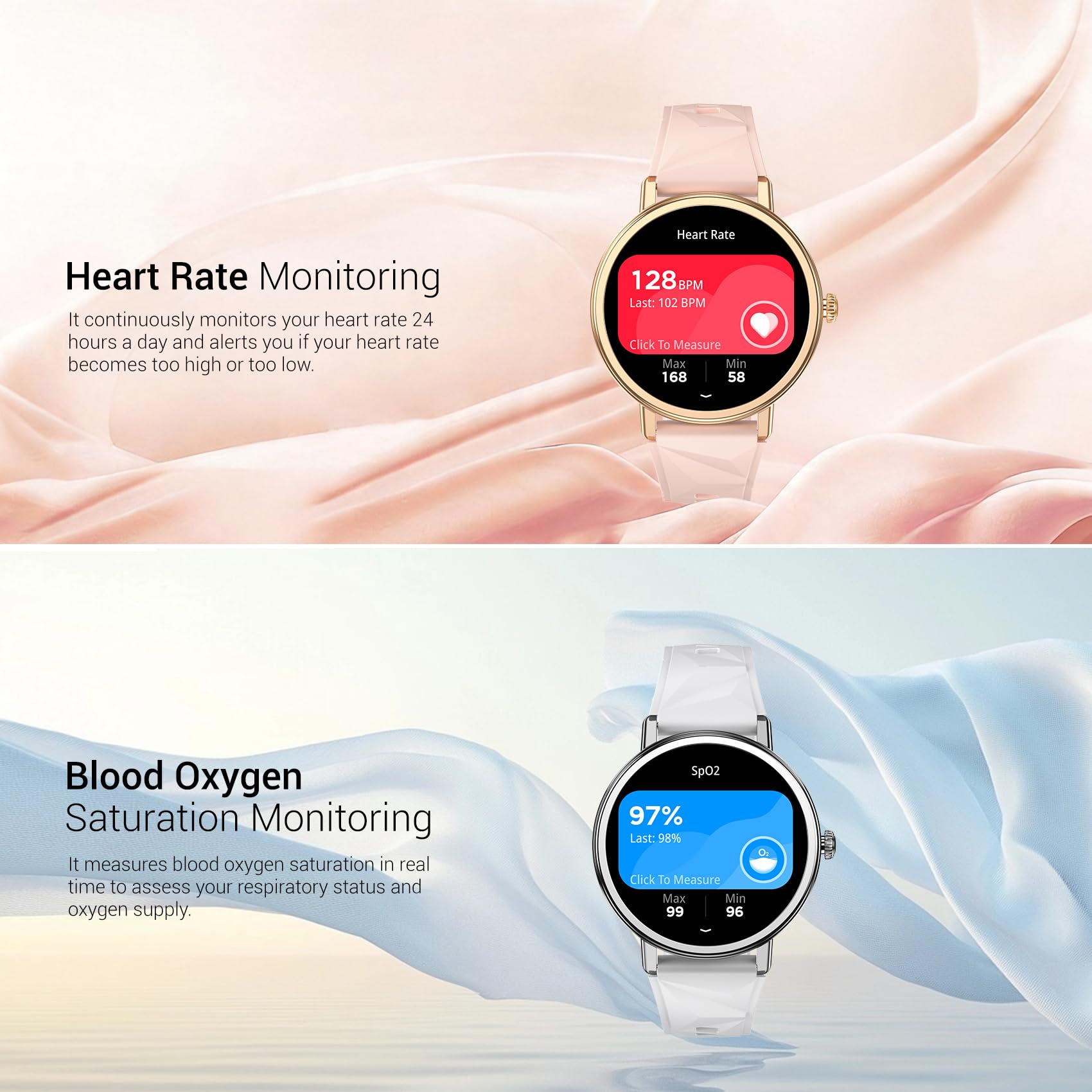 Blackview Smartwatch Damen, 1,26 Zoll Runde Fitnessuhr mit Pulsmesser, Schlafmonitor, SpO2, Schrittzähler & Aktivitätstracker, IP67 Armbanduhr, Uhr für Sport, Arbeit & Alltag, Android & iOS, Gold