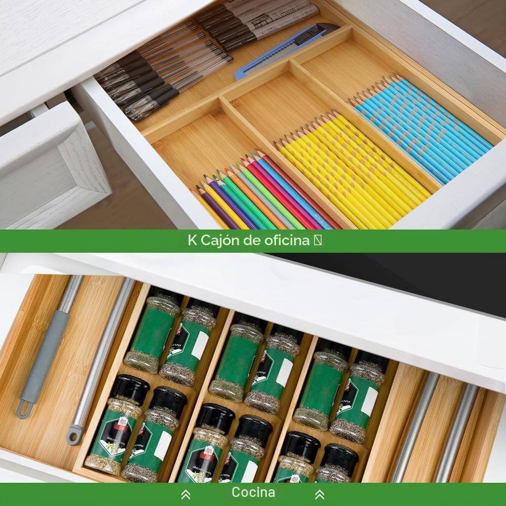VaeFae Organizador de Cubiertos de bambú, Bandeja de Cubiertos Extensible para Cajón de Cocina, Organizador de Cajones de Madera para Utensilios de Cocina y Cubiertos (5-7 Compartimentos)