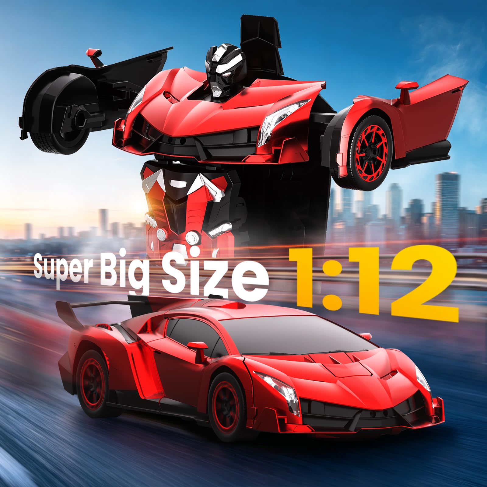 YONCHER Auto Telecomandata Trasformabile, 1:12 Grande Auto Robotica RC Trasformabile, Giocattolo 2 in 1 con Musica e Luci, Rilevamento dei Gesti per Bambini, Rosso
