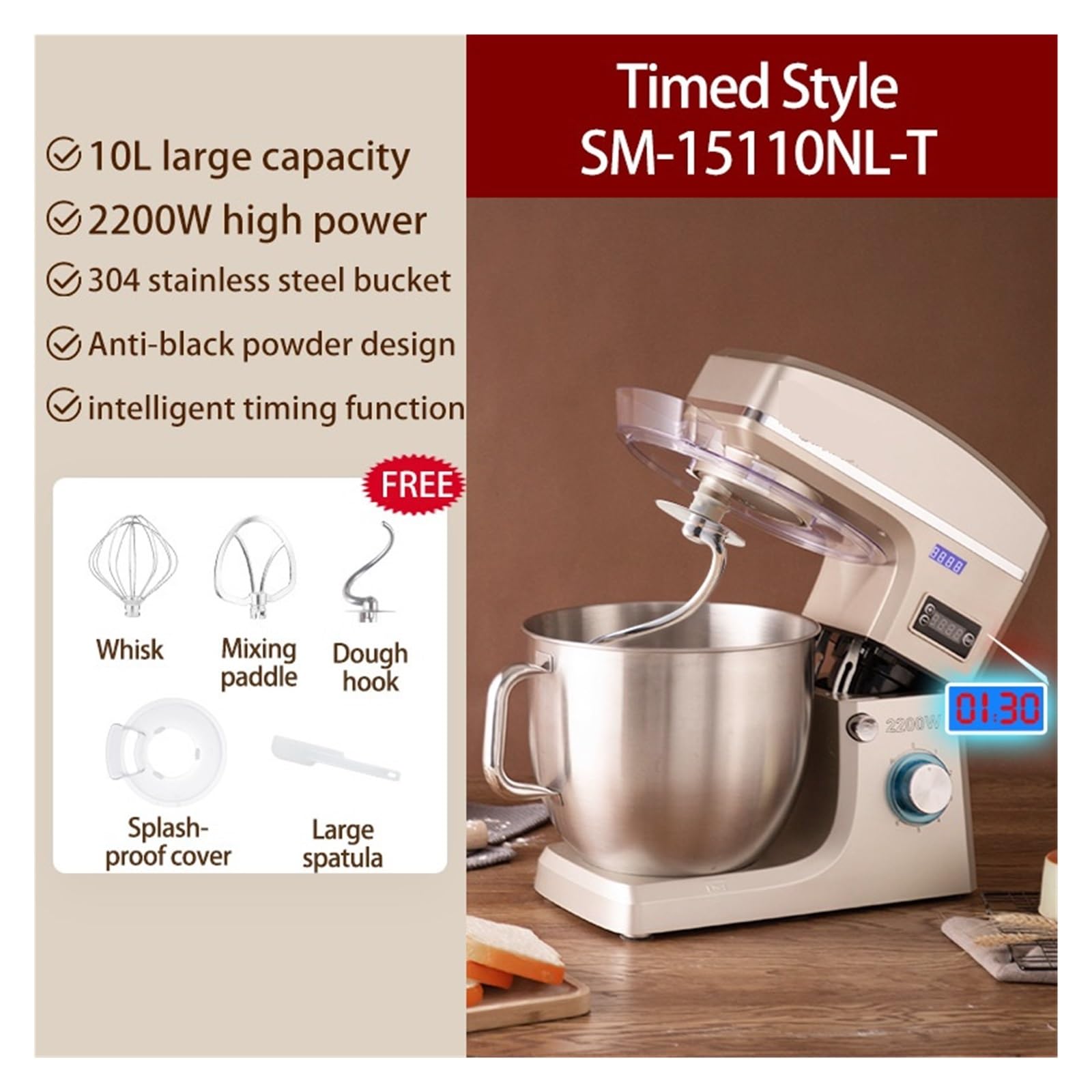 Mikser Stojący 10L, 2200 W, Planetarny Procesor Do Wyrabiania Ciasta, Automatyczny Mikser, Elektryczny Blender Kuchenny Z Funkcją Timera, Spieniacz Do Śmietany łAtwy W UżYciu(10L-Timed)