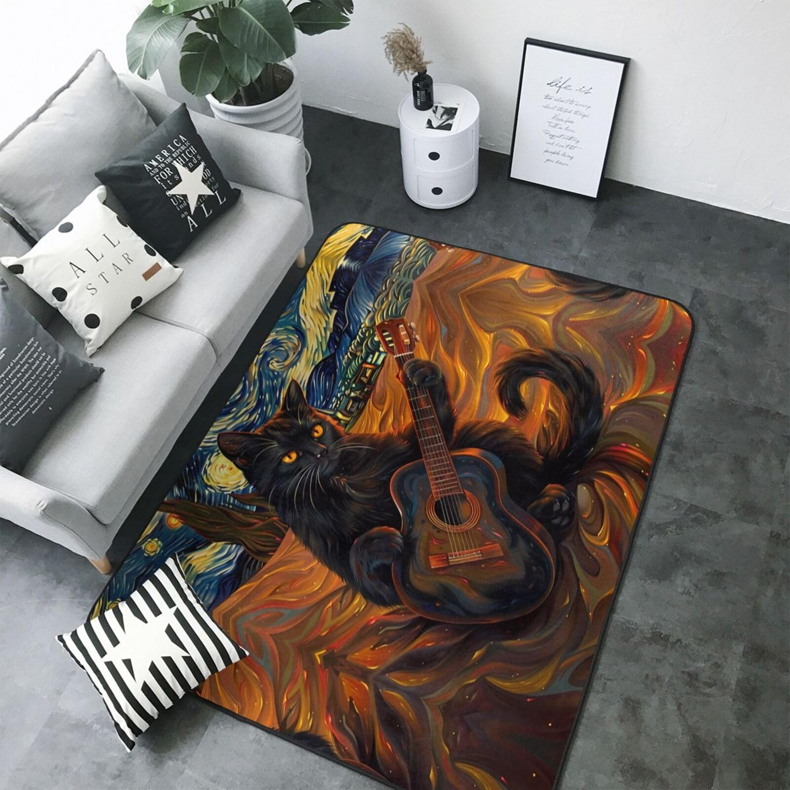 Tapis doux lavable chat et guitariste pour créer une ambiance poétique et chaleureuse