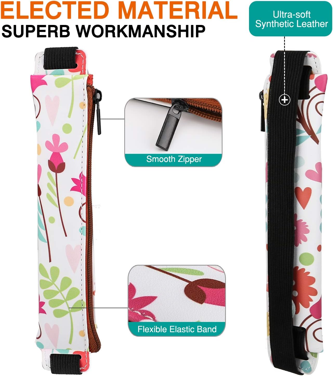 MoKo Pencil Case (2 Pack), PU Leather Pen Pencil Pouch Holder Stationery Zipper Bag with Elastic Strap for Pens, Pencils, Markers, Eraser - Printing & Gold Pink