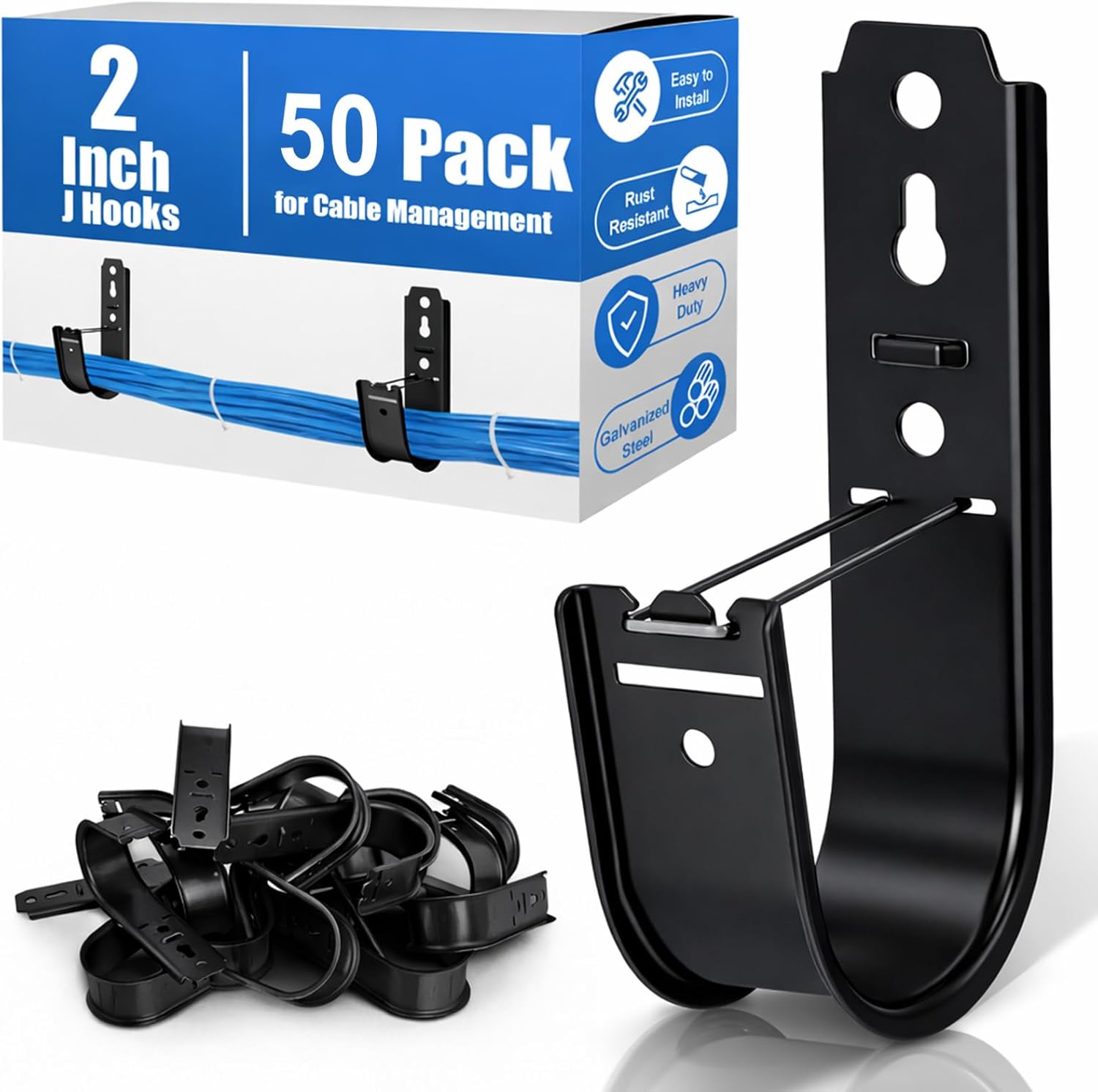 Podoy 2 Inch Cable J Hooks with Retainer Clips,Galvanized Steel J Hook for Cable Management (50 Pack) Black, Cable Support Wall Mount Hooks for Walls/Ceilings Route Network Hanging Cables