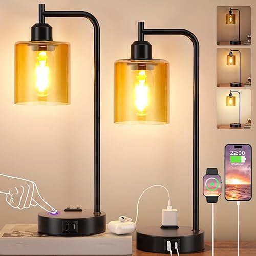 Miniatura 7 de Juego de 2 lámparas de mesa de noche industriales táctiles para dormitorio, lámparas de mesa regulables de 3 vías con puertos USB C+A y
