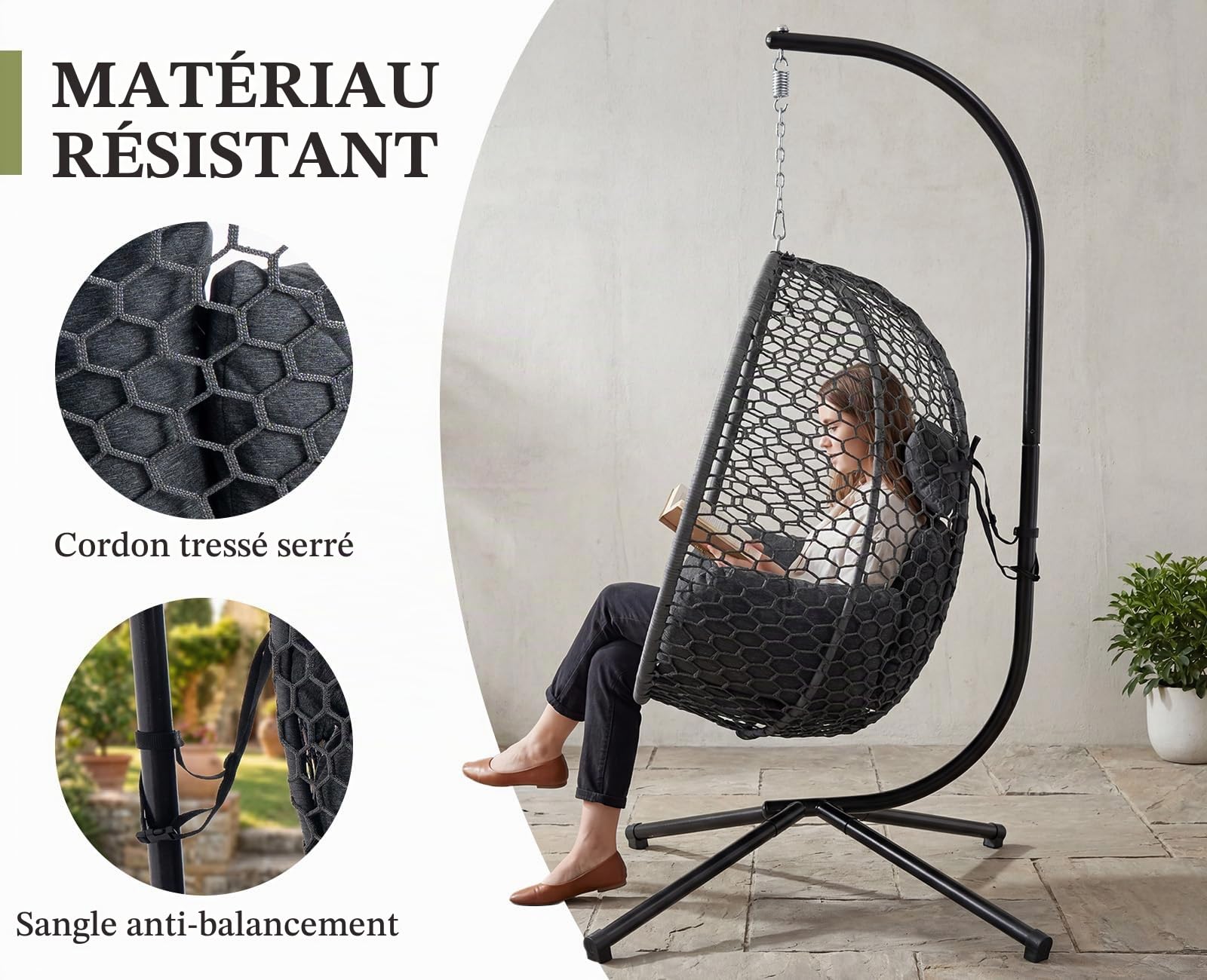 Ya-Home Fauteuil Oeuf Suspendu, Gris Foncé