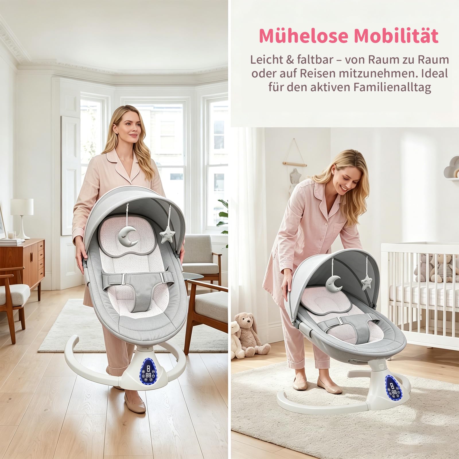 Elektrische Babywippe Schaukeln für Neugeborene, Baby Bouncer Newborn 0-6 Monate mit Weichem Stoff | Klappbarer Baby Rocker mit 5 Gängen, 3 Timer, Weichem Sitz, Bluetooth (Grau)