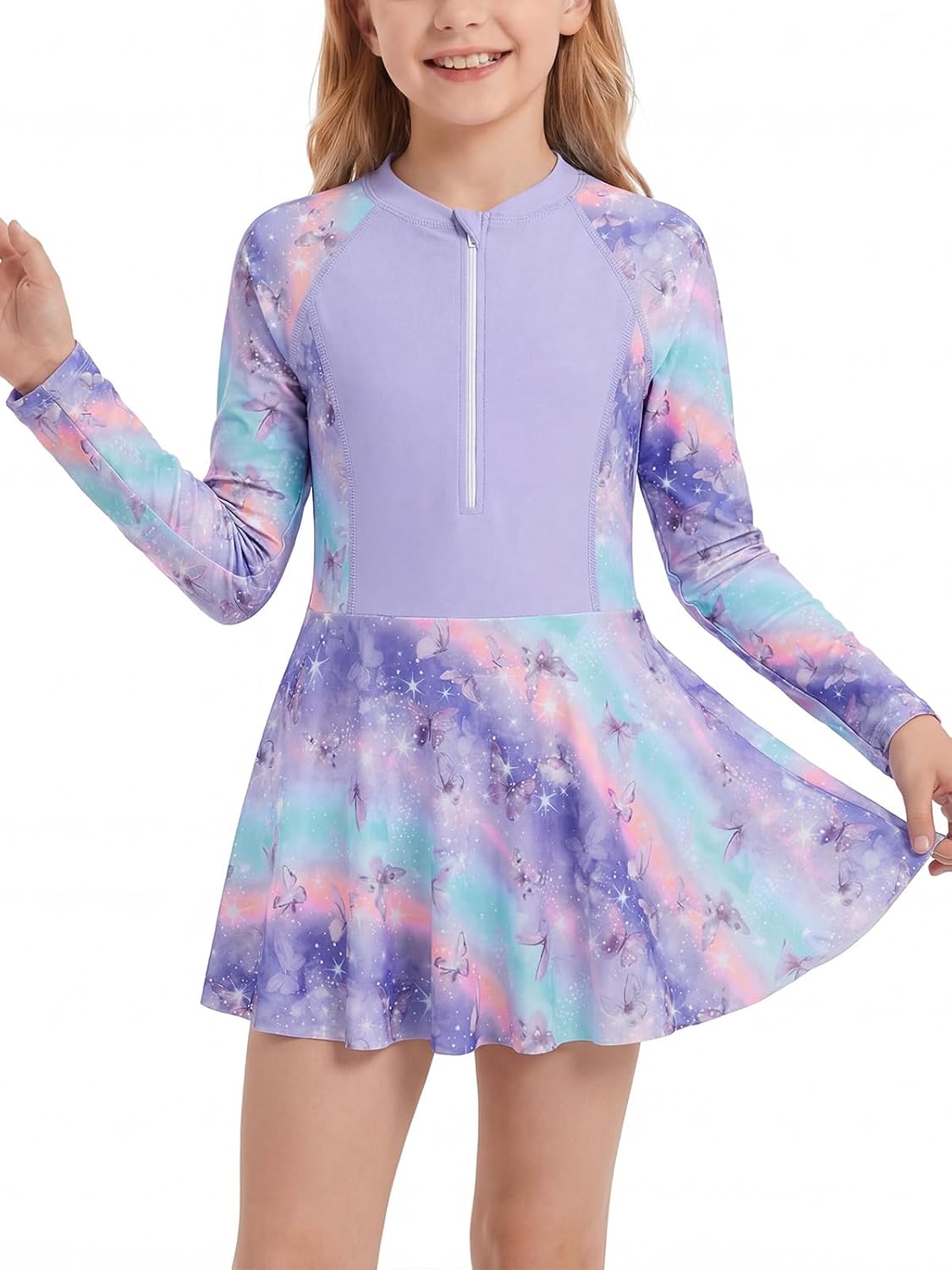 JiAmy Girls One Piece Swimsuits Long Sleeve Bathing Suit with Bottom Zipper Rash Guard Swim Dress 4-12Y