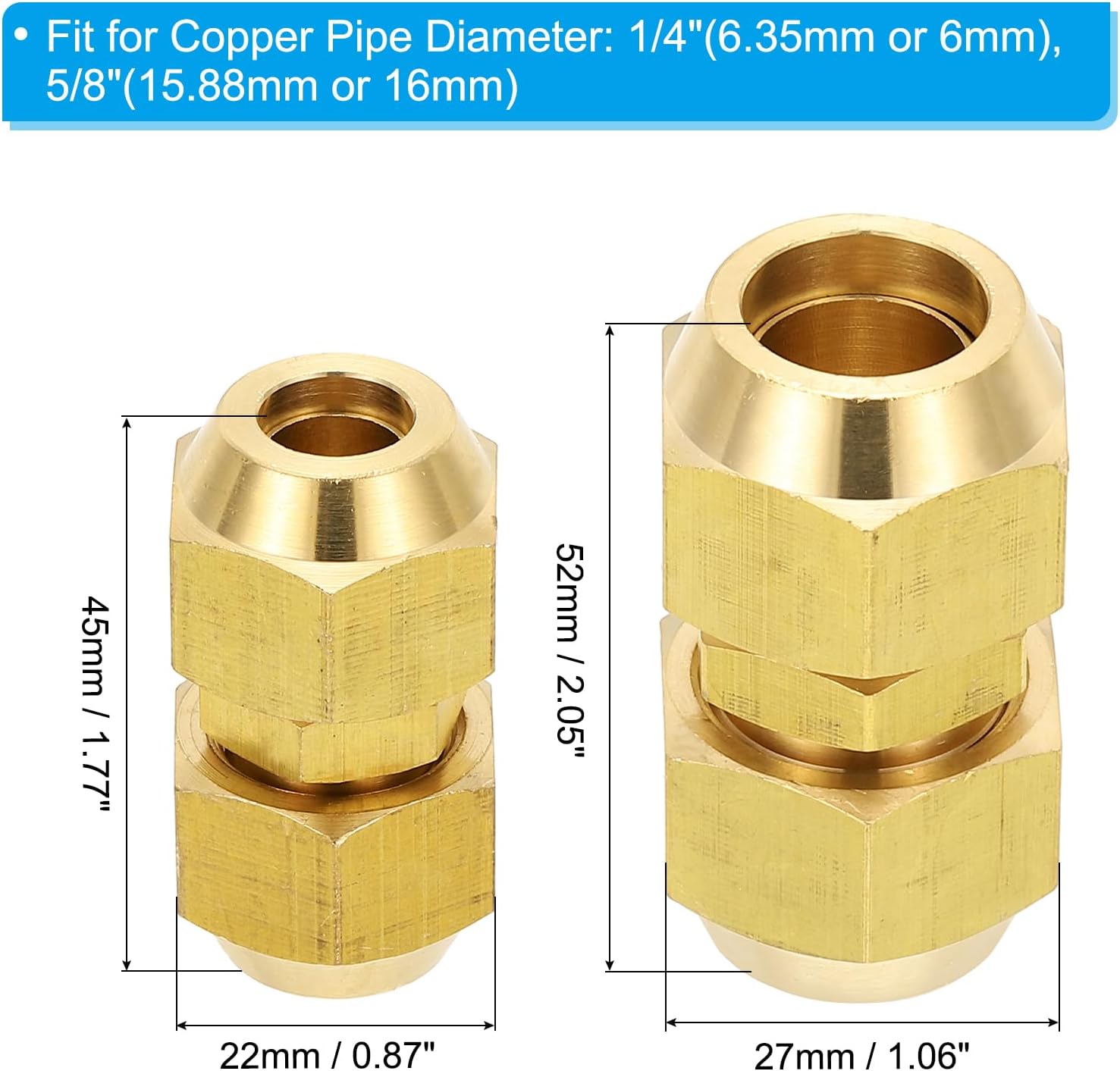 PATIKIL Pipe Extension Joint Connector Set, 2Pcs Free Welding AC Copper Pipe Coupling Adapter Fittings with Flare Nuts for Copper Pipe Diameter 3/8" and 5/8" Refrigeration HVAC