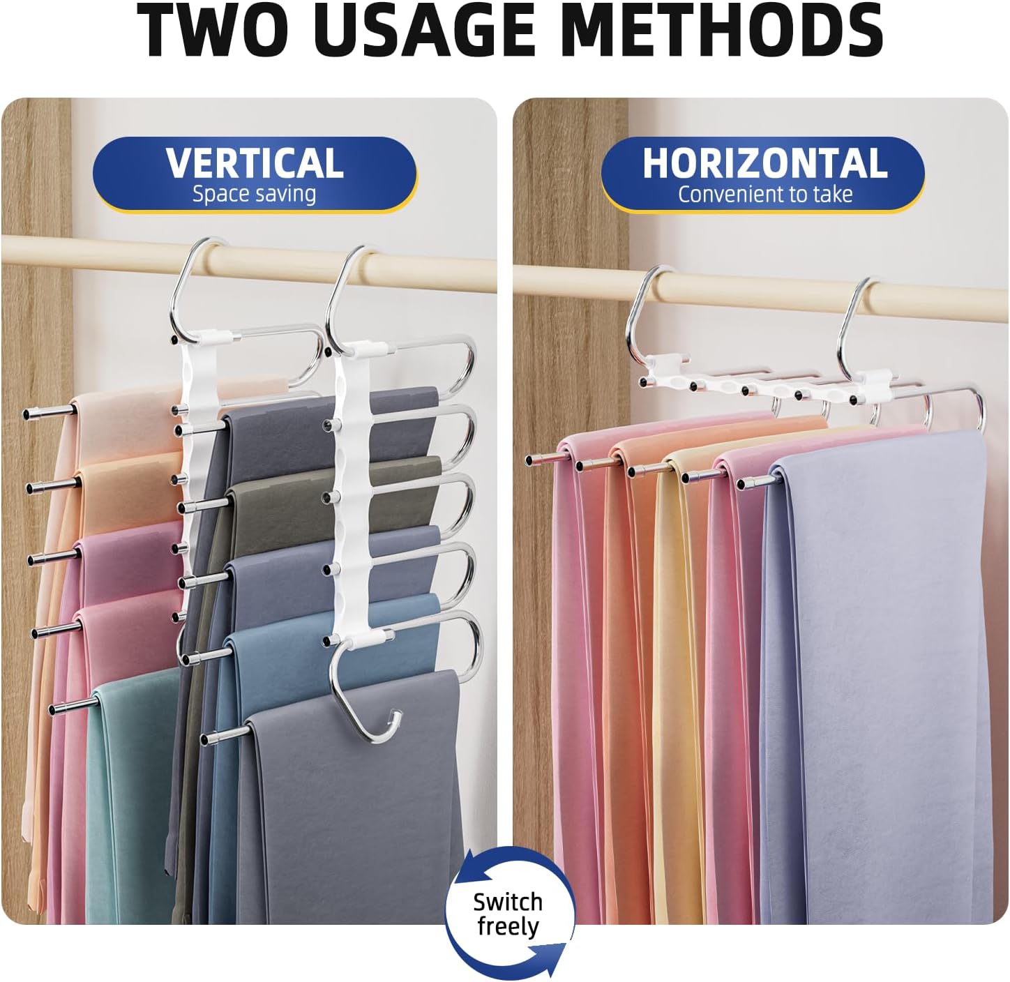 DAMITA Pants Hangers Space Saving - 2 Pack 5 in 1 Layers Stainless Steel Metal Jeans Hangers - Black Closet Organizers and Storage Anti-Slip Design for Pants Skirts Scarf Legging