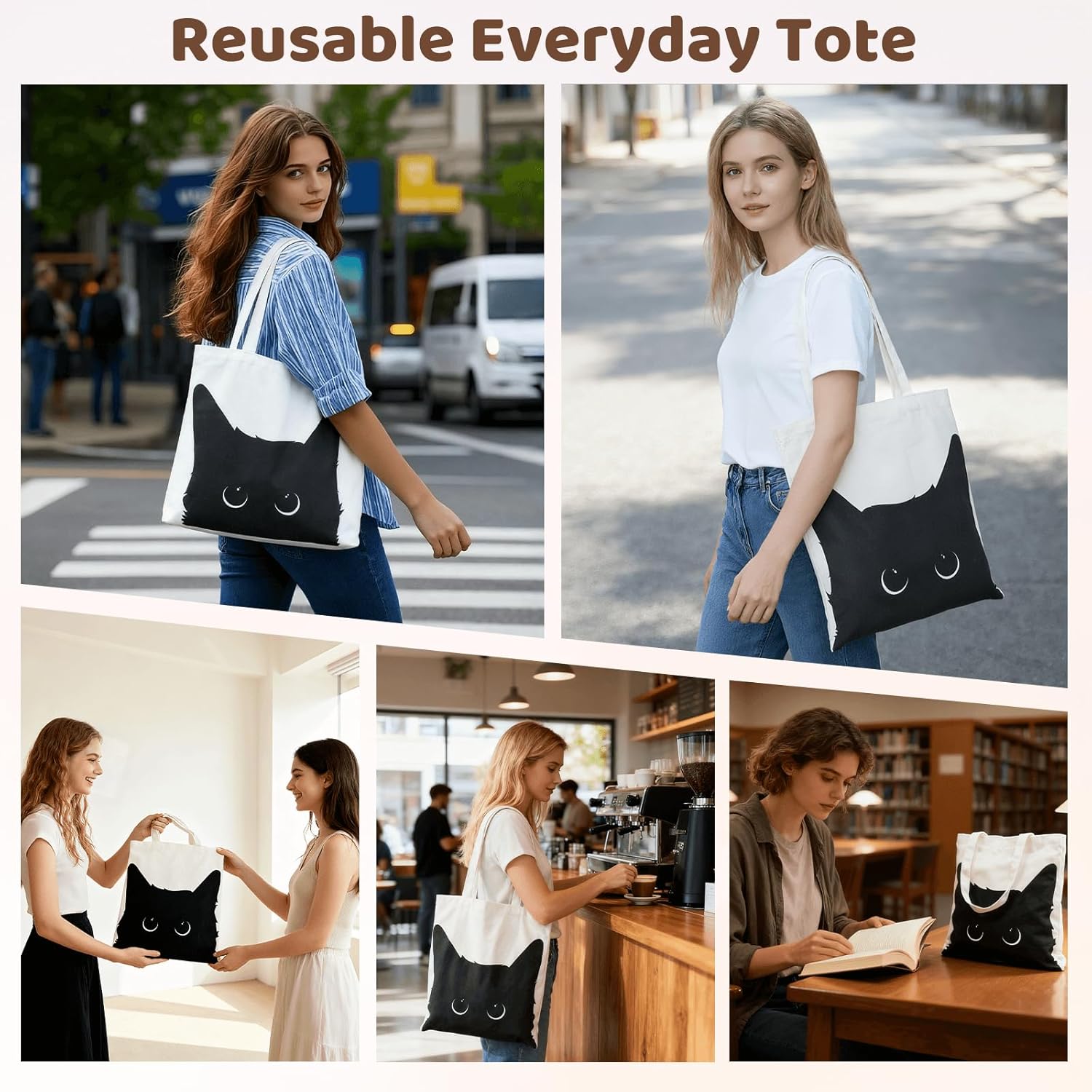 Yivona Canvas Tote Bag for Women, 100% Cotton Cat Tote for Shopping, Travel, School, Gift for Girls, Book Lover, Birthday - Image 7