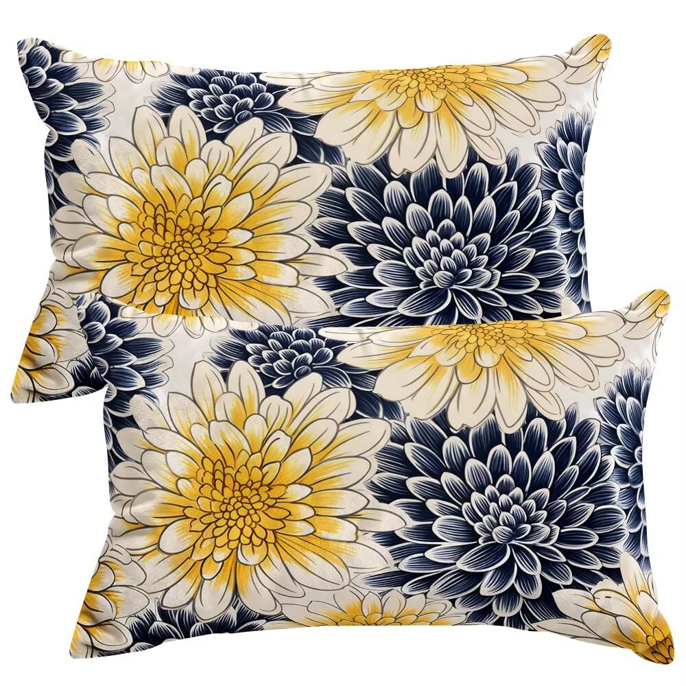 Housse coussin fleurs bleu en velours 50x60 cm taie d'oreiller rectangulaire décorative pour canapé